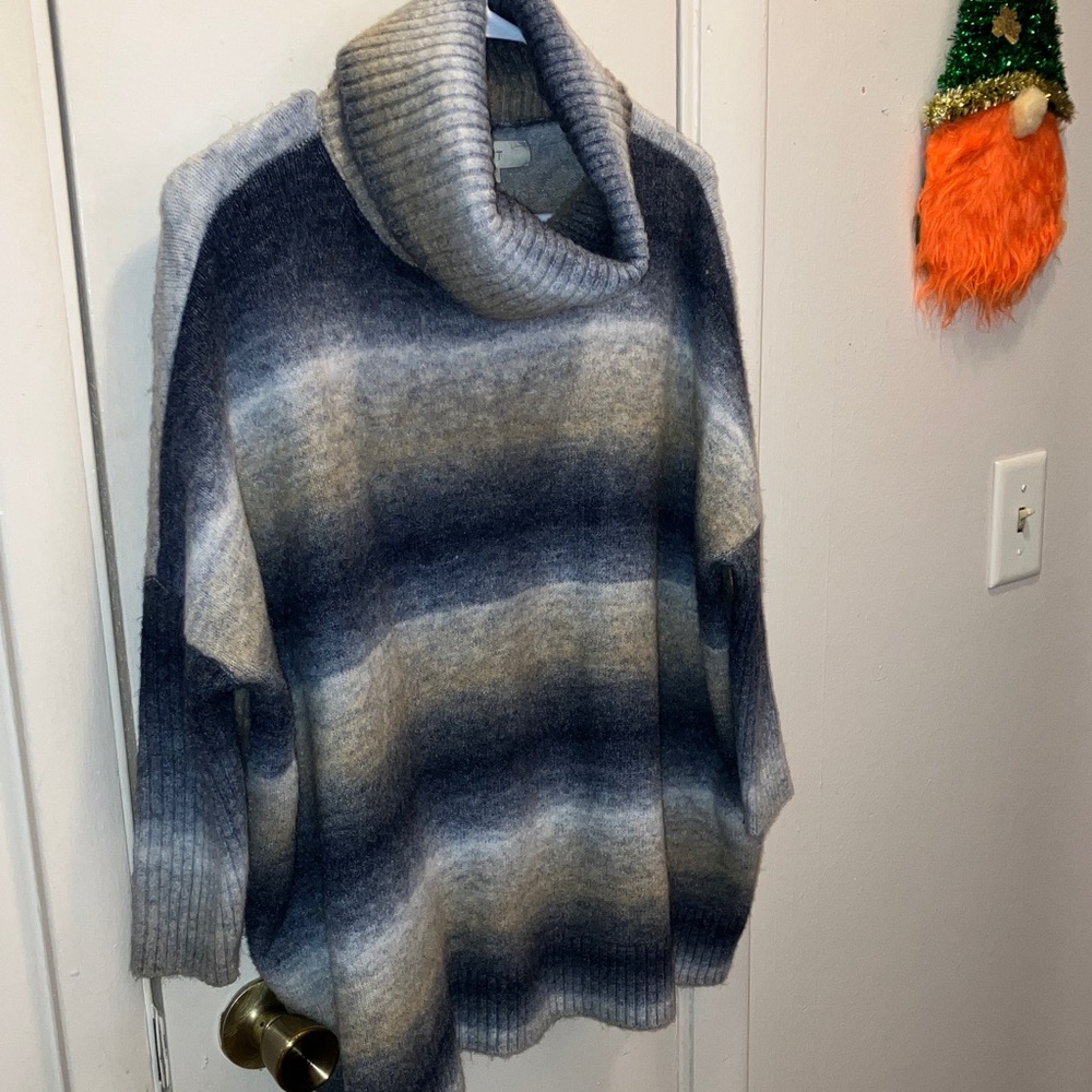 LOFT Blue and Cream Striped Turtleneck Sweater Oversized XS